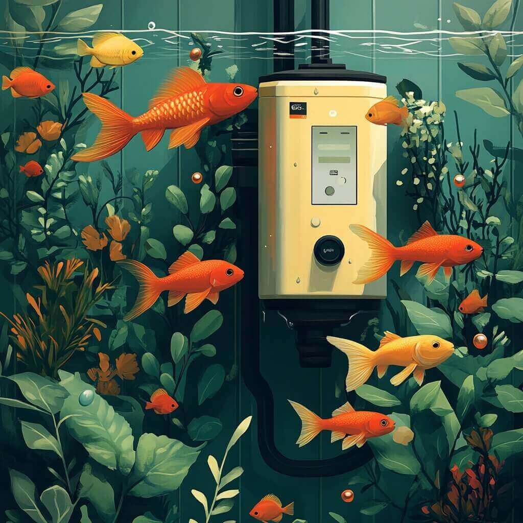 In this tranquil underwater scene, goldfish gracefully swim around an electric water heater, surrounded by vibrant plants and bubbles—showcasing a delicate balance akin to how you craft soft water.