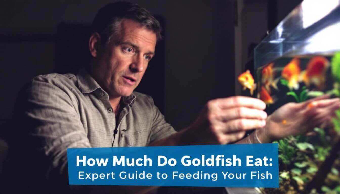 Person feeding a goldfish in an aquarium, with text overlay reading "How Much Do Goldfish Eat: Expert Guide to Feeding Your Fish.