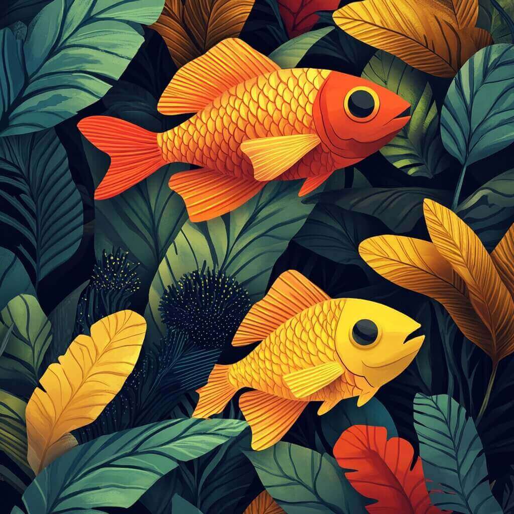 Two brightly colored fish, one orange and one yellow, swim among lush, green and orange leaves in a vibrant, tropical setting. It's a beautiful scene, but it's crucial to remember that unchecked algae growth can kill fish in such delicate environments.