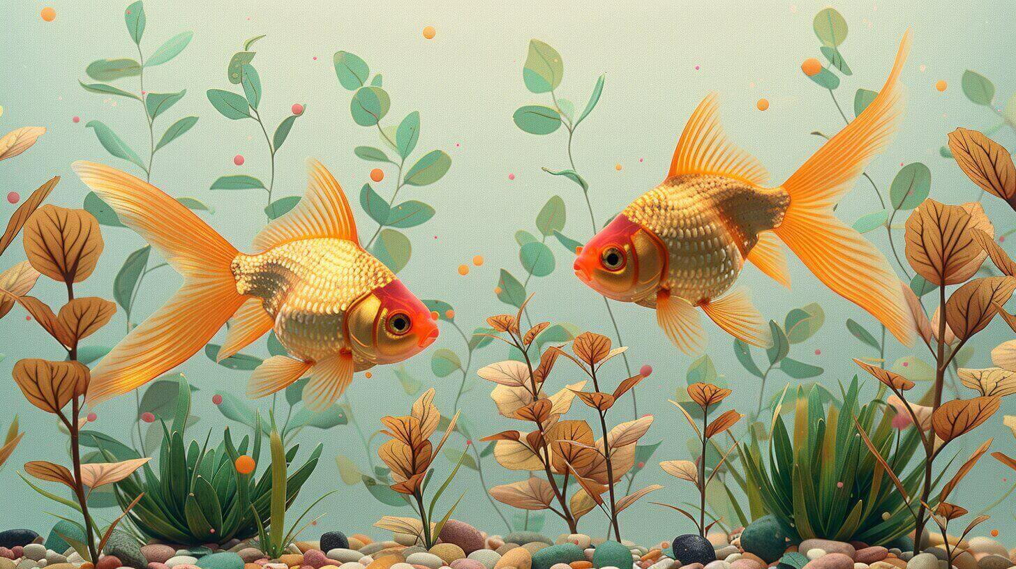 Two goldfish gracefully swim among aquatic plants and pebbles on the bottom of a clear aquarium, always curious and eager to see how much they might eat today.