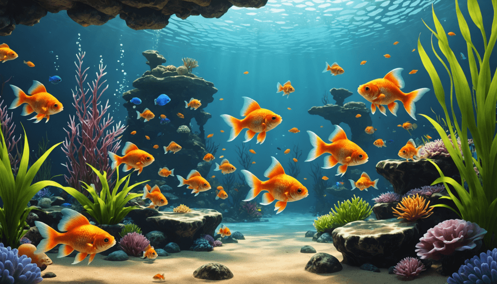 An underwater scene with a school of orange fish compatible with goldfish swimming among coral reefs, rocks, and plants, with sunlight filtering through the water.