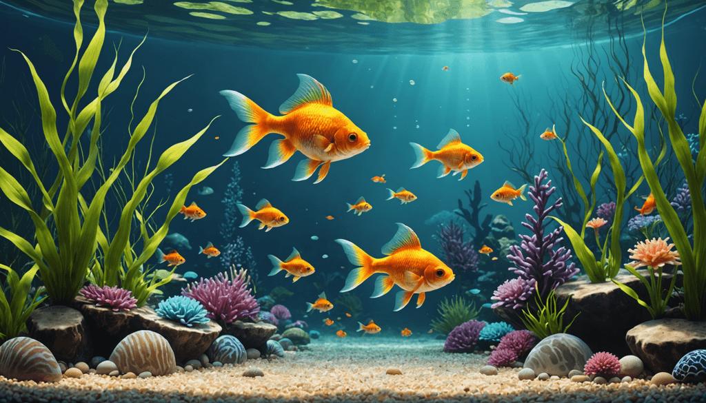 In an enchanting underwater scene, goldfish glide gracefully among colorful coral and plants, sharing their sunlit aquatic home with fish compatible with goldfish, harmoniously weaving through the vibrant marine tapestry.