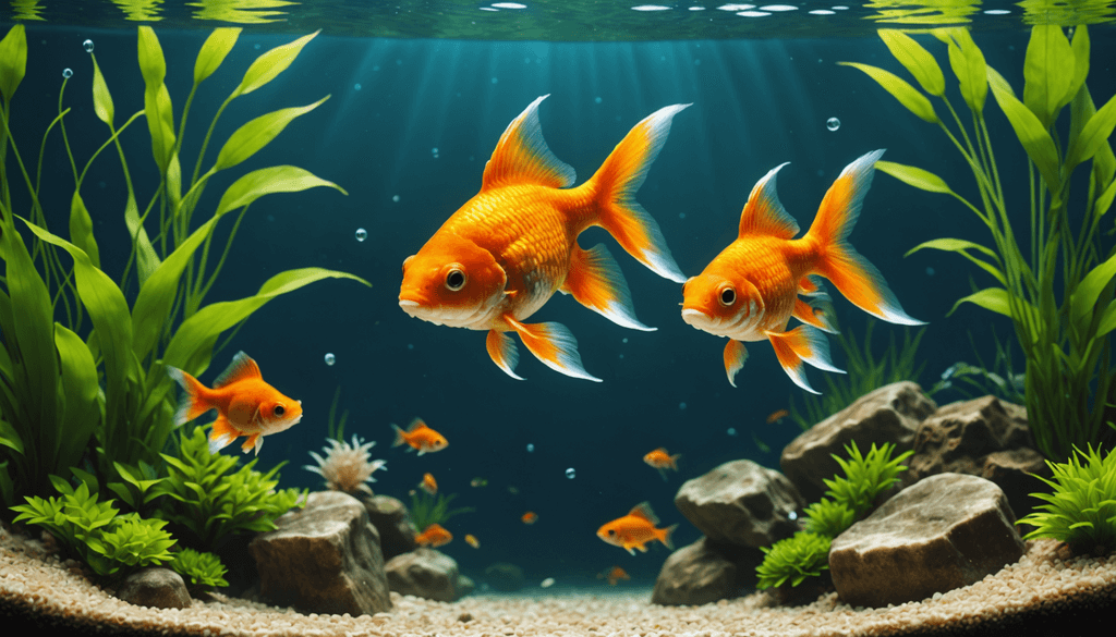 In an enchanting aquarium scene, two large orange goldfish glide gracefully among lush plants and rocks. Smaller fish, compatible with goldfish, dart playfully around them as sunlight filters gently through the crystal-clear water.