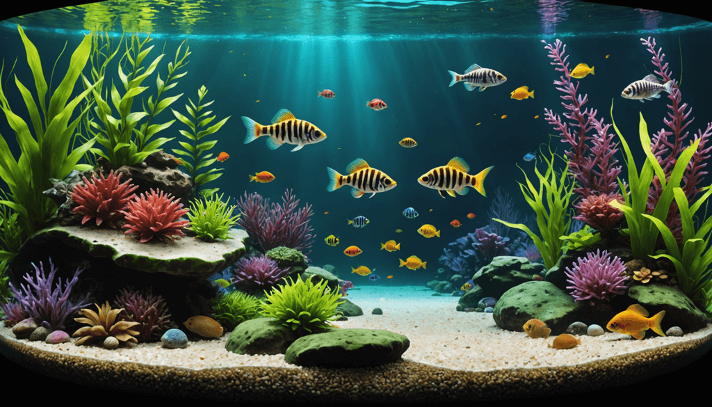 An aquarium with colorful loach fish swimming among vibrant coral and plants, illuminated by light filtering through the water.