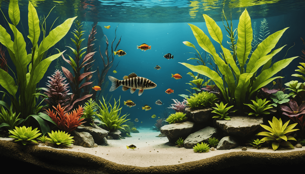 A vibrant underwater scene with various colorful fish swimming among lush green plants and rocks in a clear, sunlit aquarium.