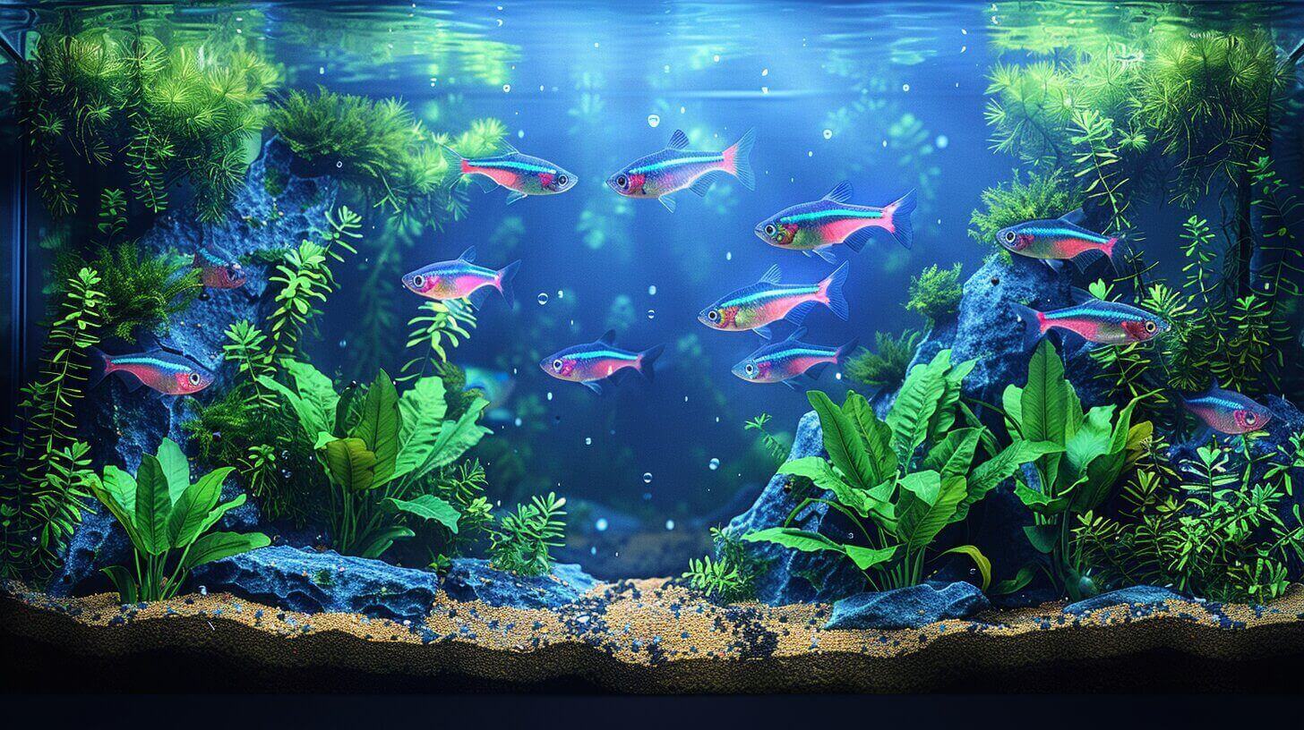 A captivating aquarium showcasing vibrant neon fish, perfect cool fish for a 20-gallon tank, swimming gracefully among lush green plants and natural rocks.