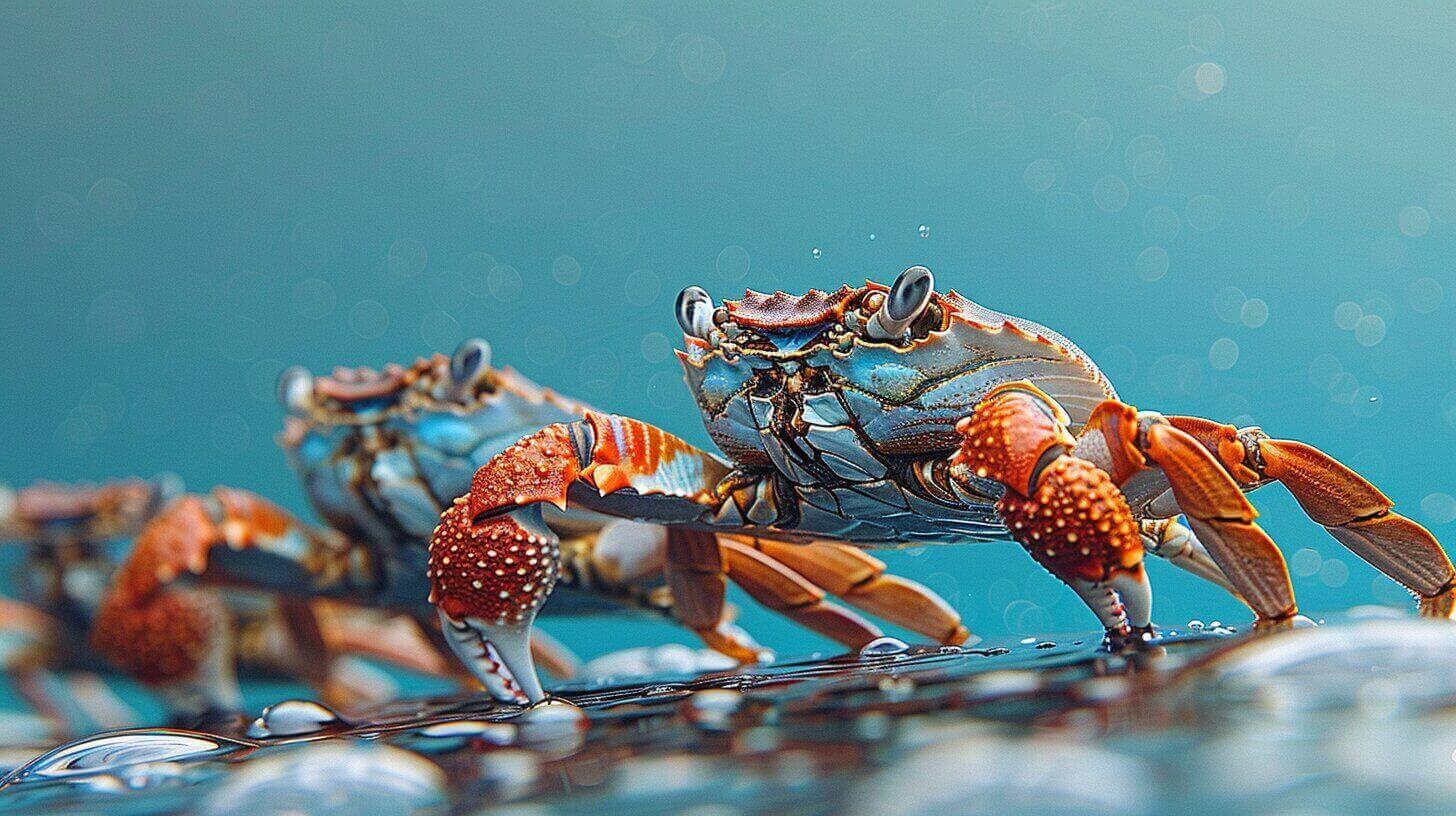 A close-up of a colorful crab with vibrant orange and blue markings, perhaps a red-clawed variety, stands on a wet surface against a blurred blue background.