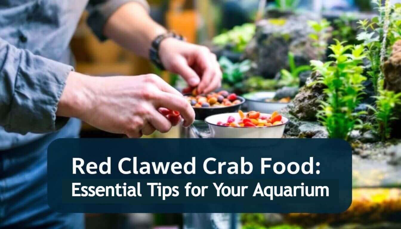 A person skillfully prepares red clawed crab food beside a shimmering aquarium, ensuring every pinch of nourishment delights the vibrant crustaceans waiting eagerly in their aquatic home.