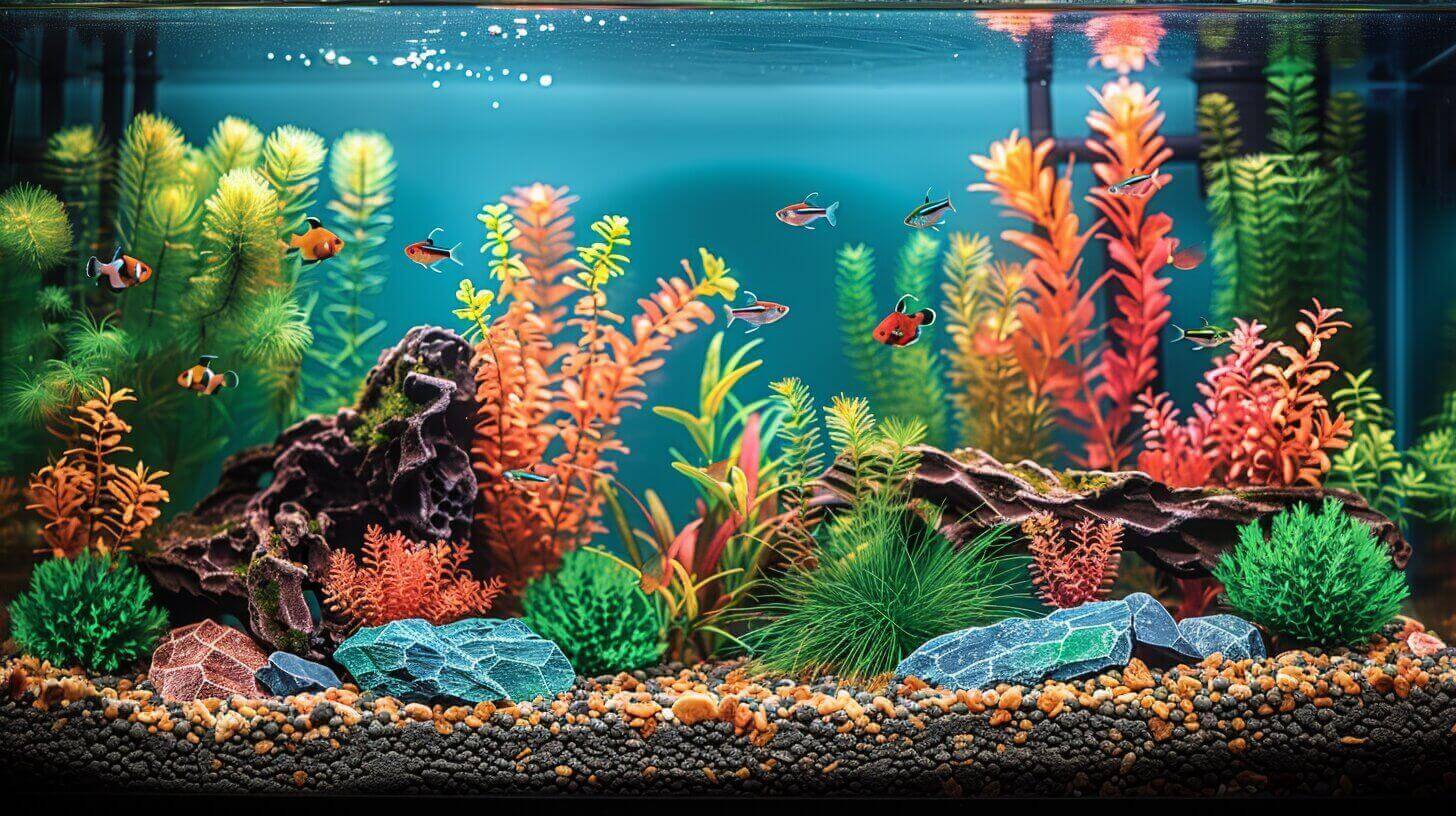 A vibrant aquarium houses colorful fish, including a graceful female betta fish, swimming harmoniously among aquatic plants, rocks, and gravel against a blue background.