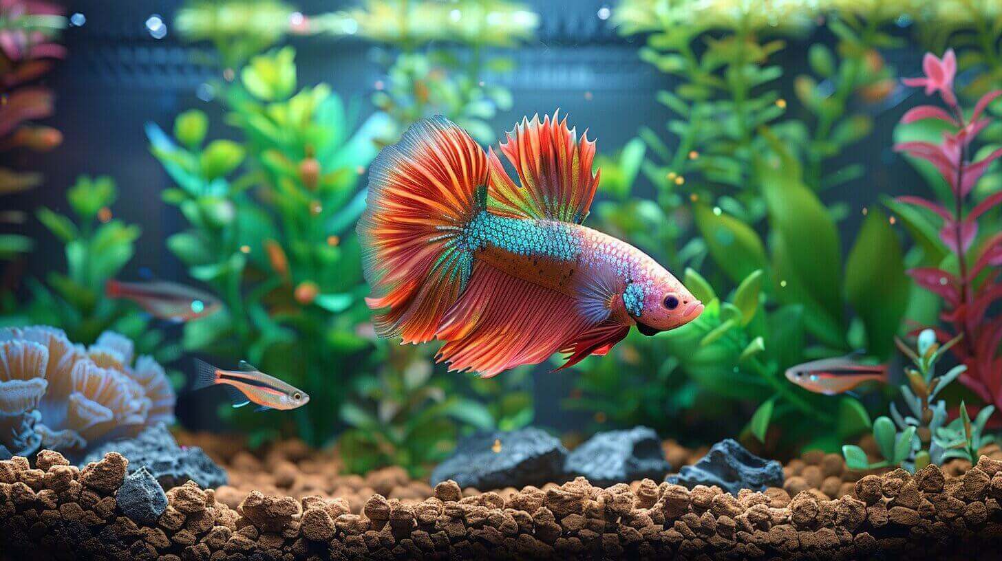 A vibrant betta fish swims gracefully in an aquarium with colorful plants and small rocks at the bottom, creating a harmonious environment for the best fish to keep with bettas.