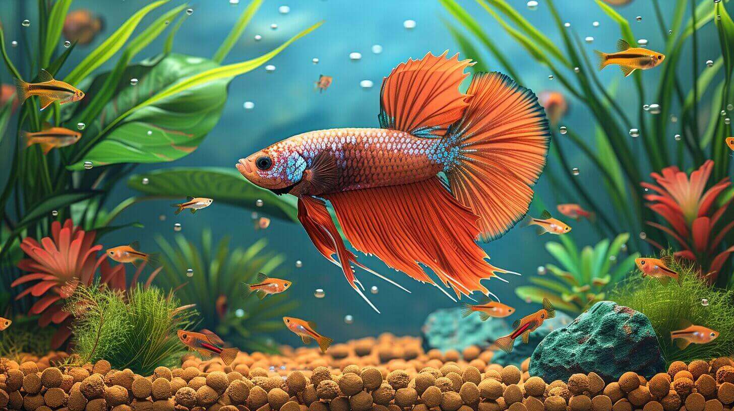 A vibrant orange female Betta fish gracefully swims in a colorful community tank filled with plants, rocks, and small fish.