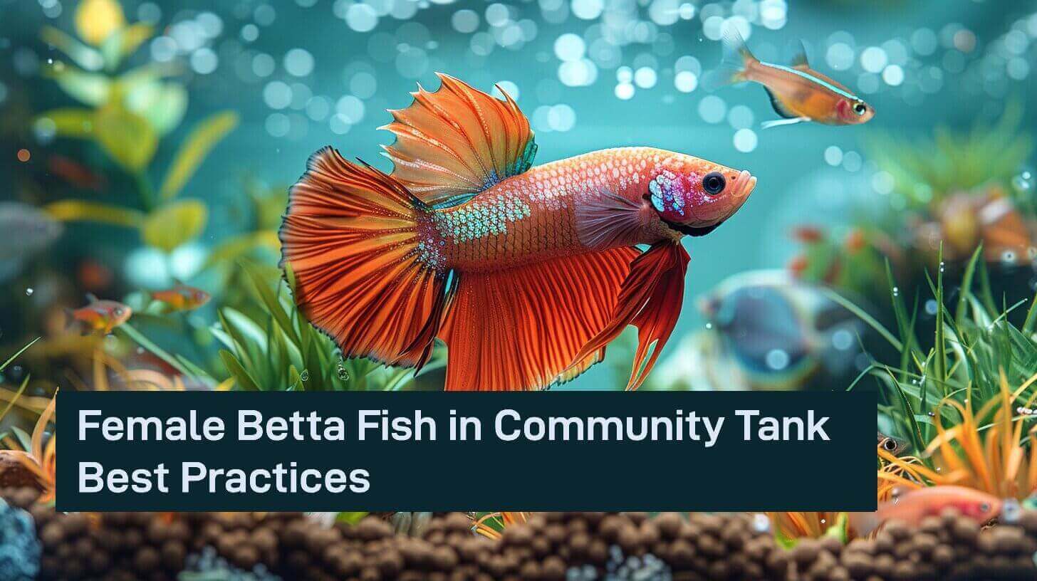 A vibrant orange female betta fish gracefully swims in a lush, green community tank with other small fish. Bubbles rise around them.