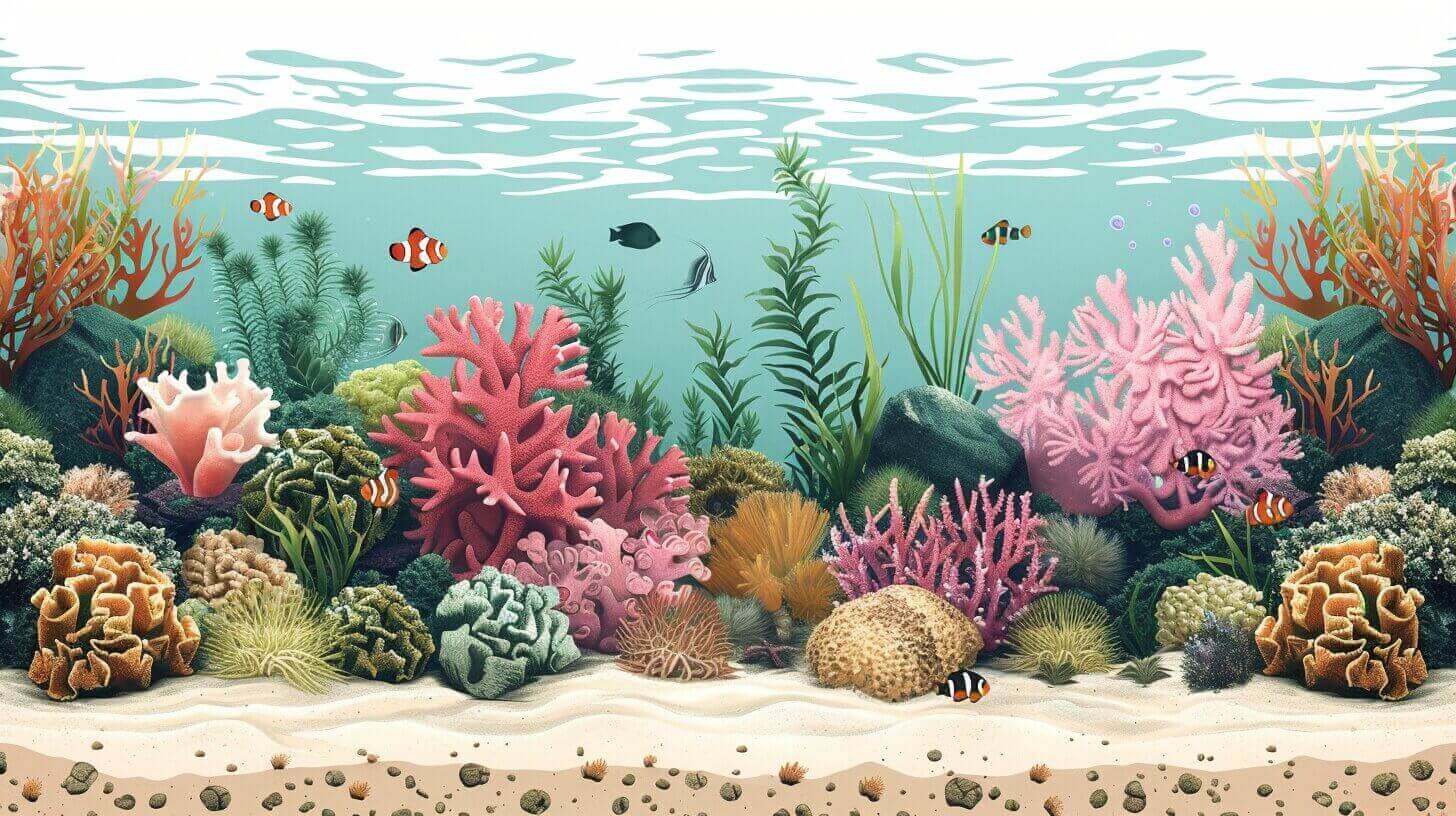 A vibrant underwater illustration showcases a coral reef teeming with life, where various corals and bottom-feeding aquarium fish gracefully swim amidst the swaying seaweed.