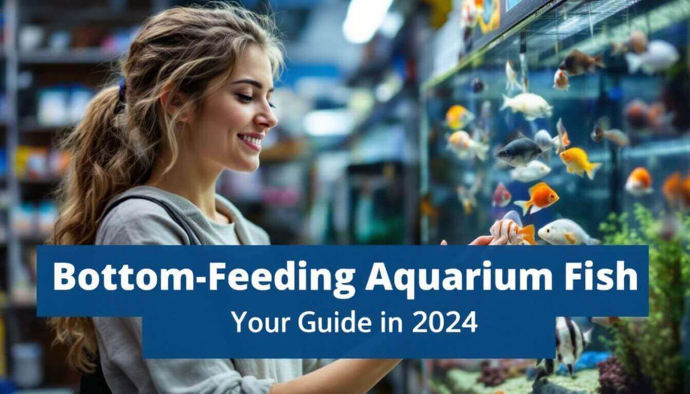 A woman observes colorful fish in an aquarium. The text reads, "Bottom-Feeding Aquarium Fish: Your Guide in 2024.