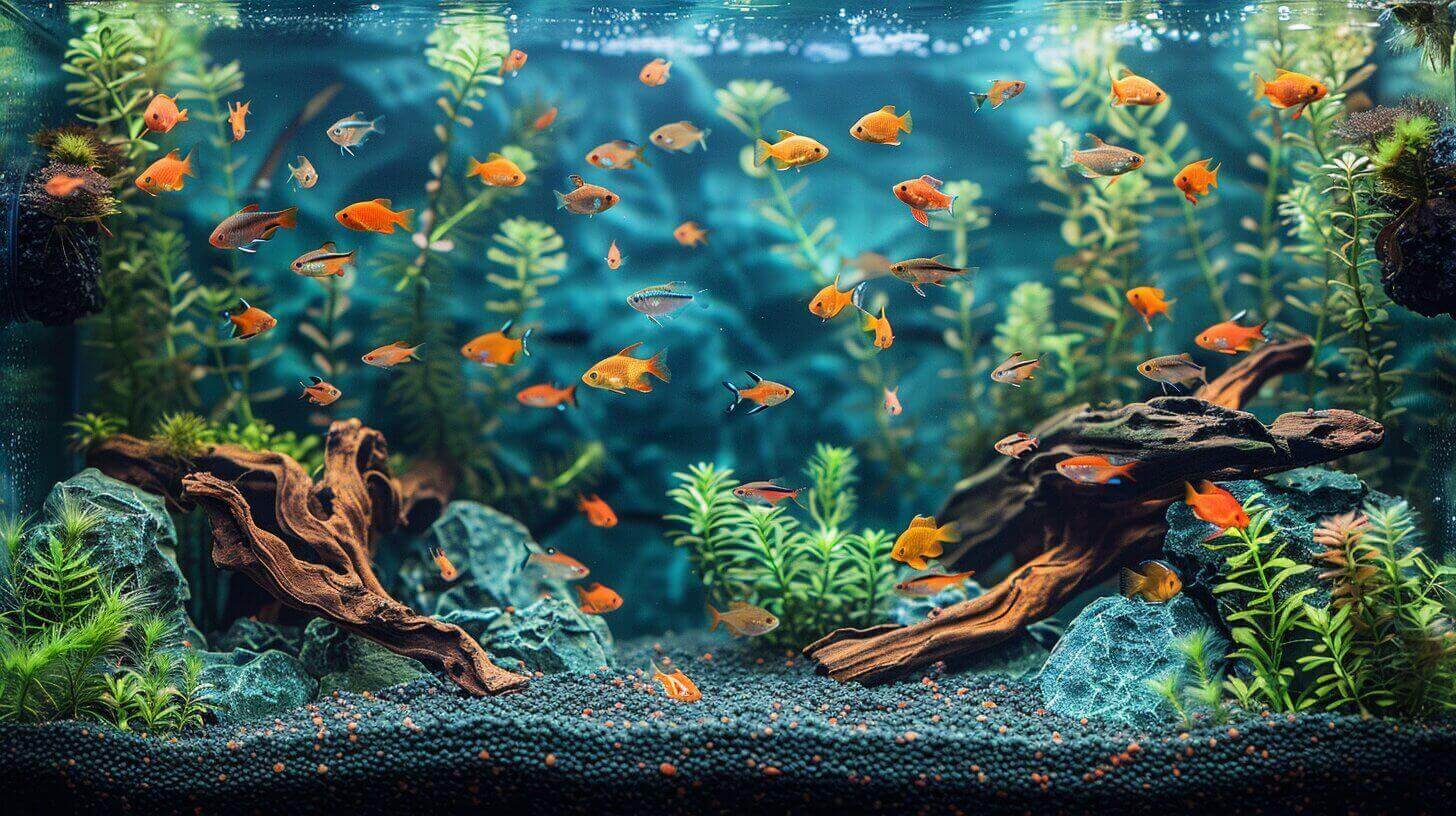 An aquarium with various cool fish for a 20-gallon tank, swimming gracefully among vibrant plants and rocks.