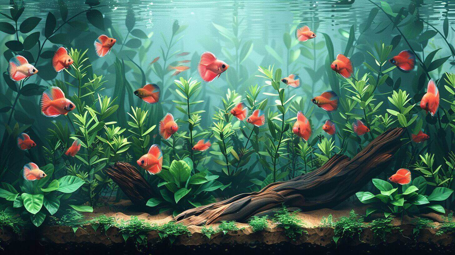 An underwater scene showcases a vibrant community tank, where numerous orange fish swim gracefully among green plants and a piece of driftwood on the sandy bottom, while a striking female betta fish adds a touch of elegance to the aquatic harmony.