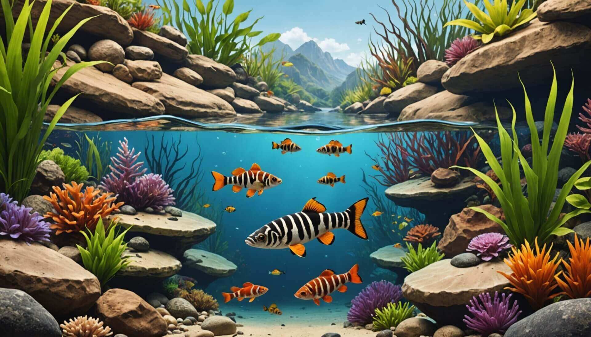 An underwater scene with loach fish swimming among rocks and colorful coral, framed by plants and mountains in the background, much like a tranquil fish tank.