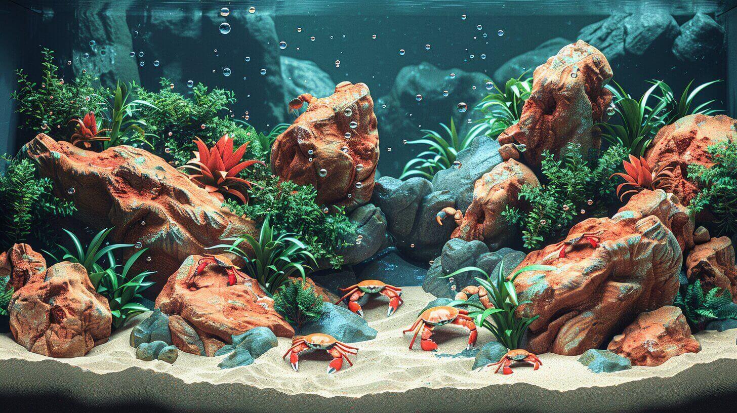 Aquarium scene with red rocks, green and red plants, and several crabs searching for food on the sandy bottom. Rocks have bubble streams, creating a vibrant underwater environment where red clawed crabs thrive.