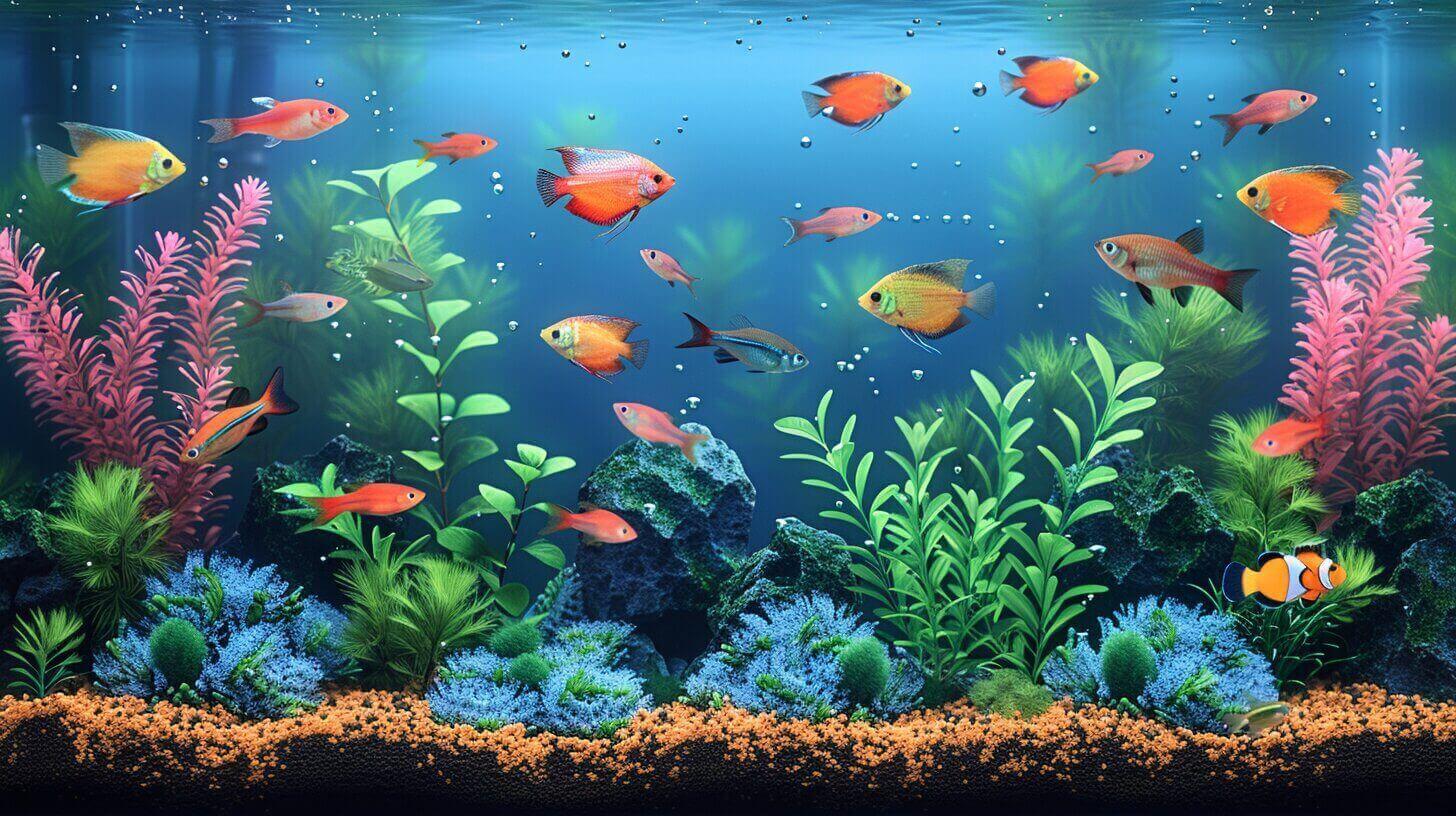 Colorful fish gracefully swim among vibrant plants and rocks in a clear 75-gallon aquarium, creating a mesmerizing aquatic spectacle.