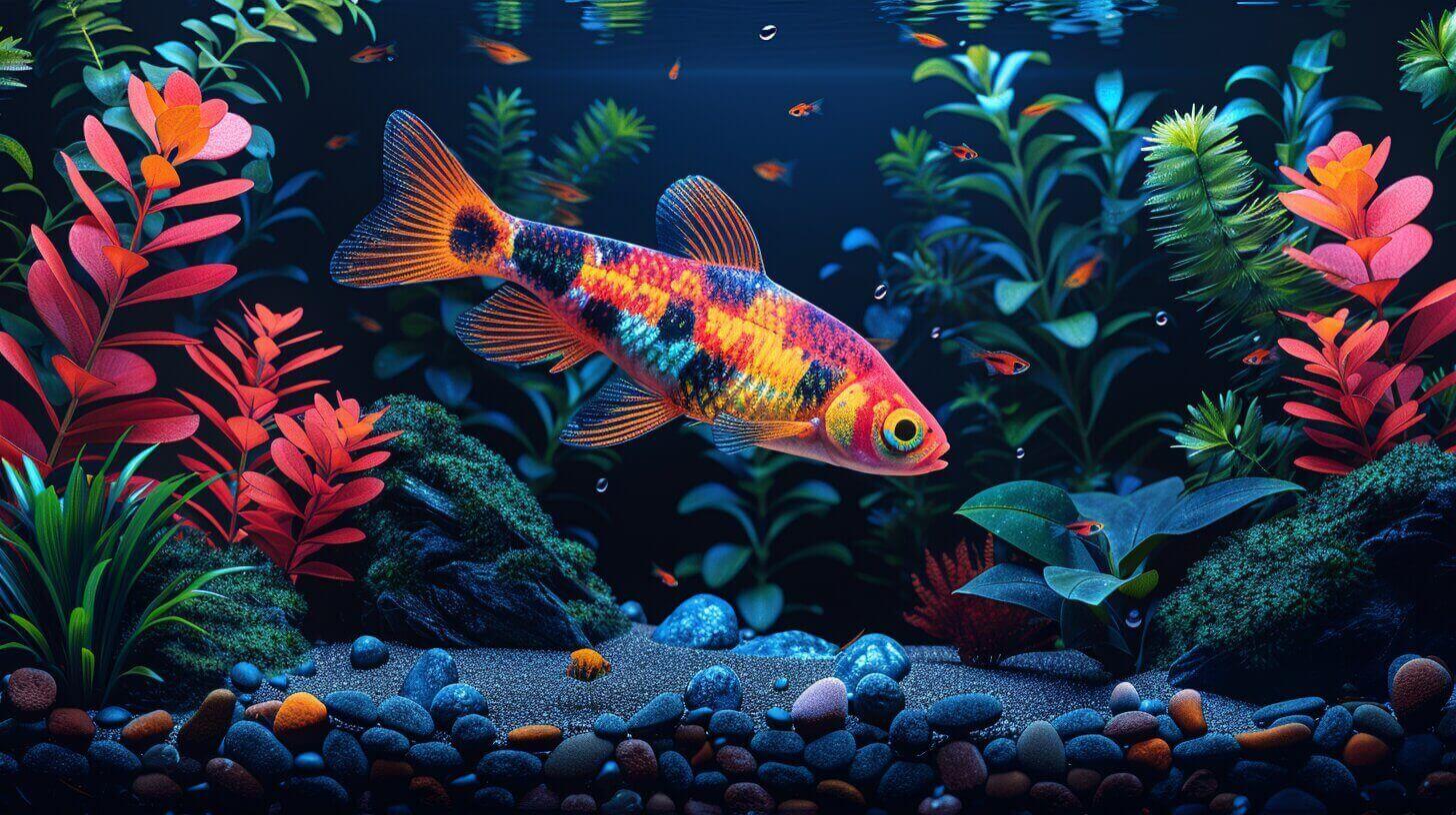 Colorful fish swim among vibrant aquatic plants and rocks in an aquarium setting, alongside good bottom feeder fish that help maintain a clean habitat.