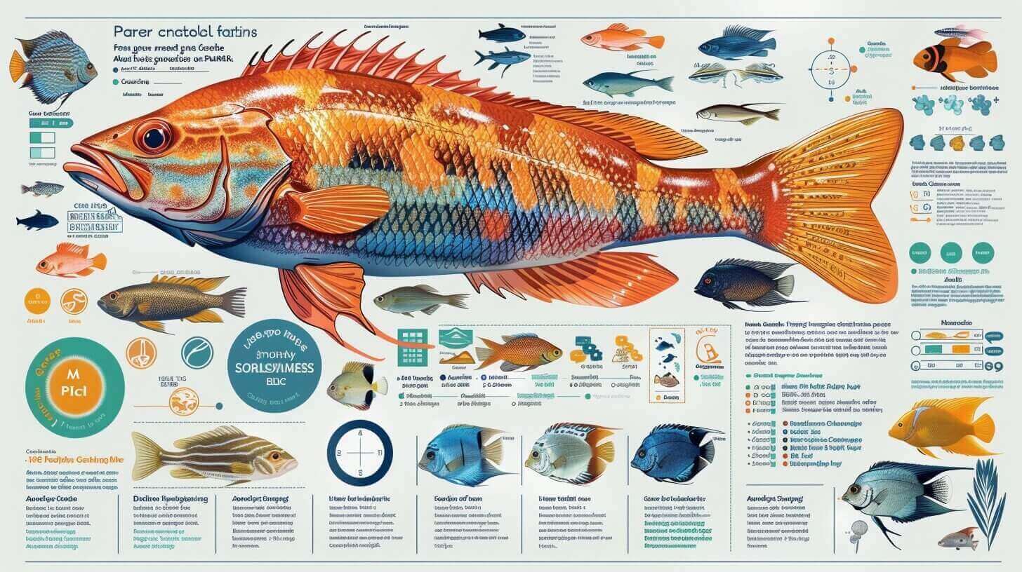 Dive into the illustrated guide to fish species, showcasing detailed descriptions, charts, and diagrams of their features and habitats. Explore a central focus on a colorful fish and discover cool fish perfect for your 20-gallon tank.