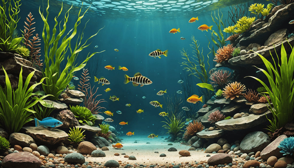 A vibrant underwater scene features colorful fish, including a curious loach, swimming among rocks, coral, and seaweed. Rays of sunlight illuminate the lively fish tank world.