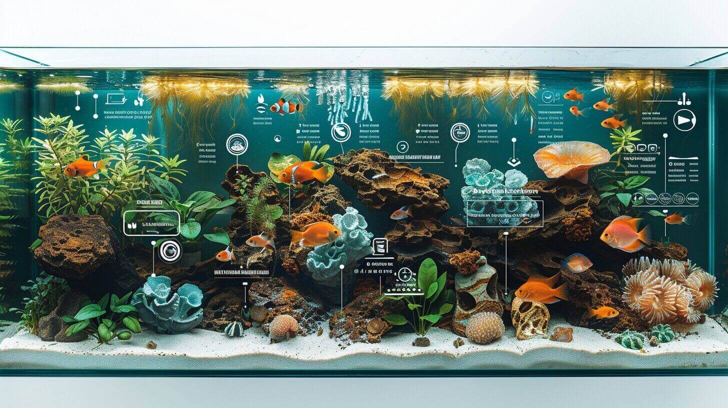 Explore our aquarium teeming with vibrant fish, ideal for a 20-gallon tank. Admire the colorful species swimming among rocks and plants, with labeled diagrams to guide you through their aquatic features.