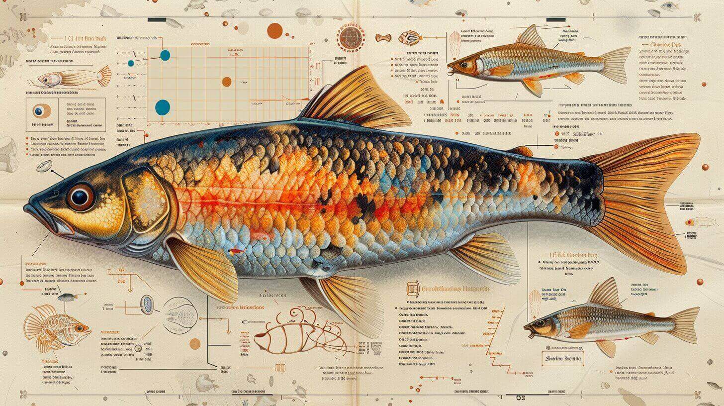 Illustrated diagram of a bottom-feeding aquarium fish with various annotations, including size metrics, scale details, and species information, set against a textured beige background.