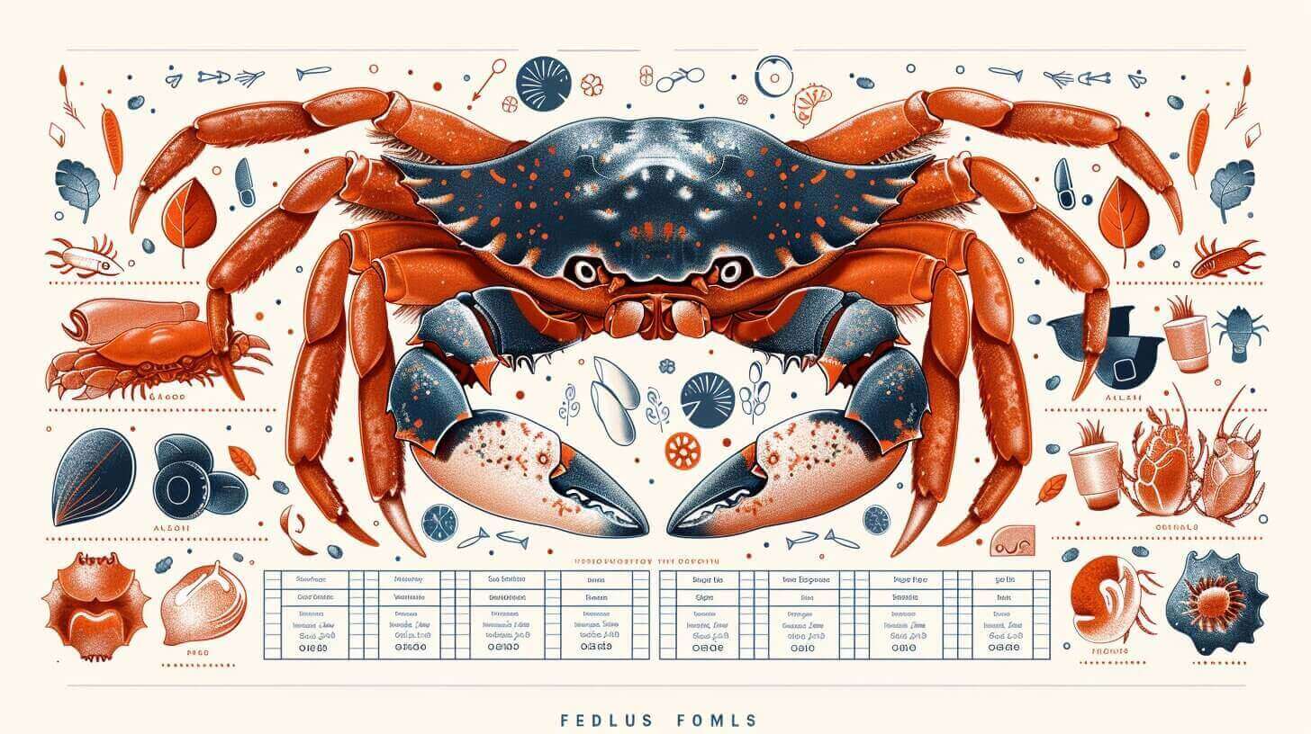 Illustrated diagram of a red clawed crab with detailed annotations of its anatomy and surrounding elements, including sea plants, shells, and typical food sources. Scientific terms are labeled throughout.