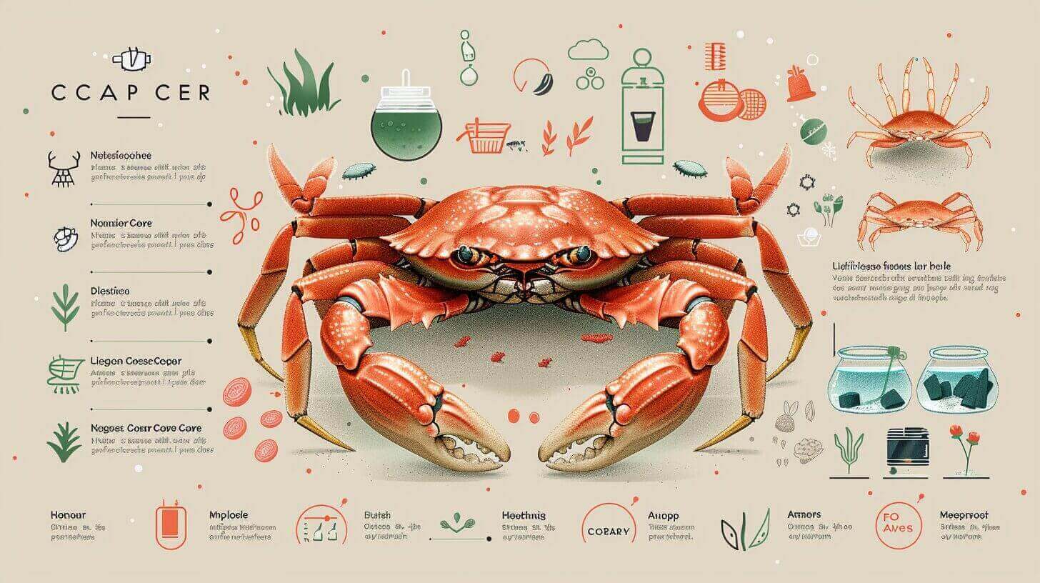 Illustrated guide of a red clawed crab with labeled parts, surrounding tools, and containers. Contains text descriptions and diagrams for educational purposes, exploring the fascinating diet and food habits of these remarkable creatures.