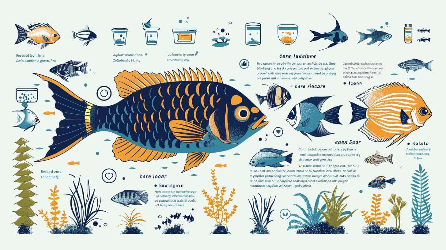 Illustrated guide to aquarium fish showcasing diverse species, including bottom-feeding aquarium fish, with descriptions, care tips, and feeding instructions. Features labeled illustrations of both fish and aquatic plants.