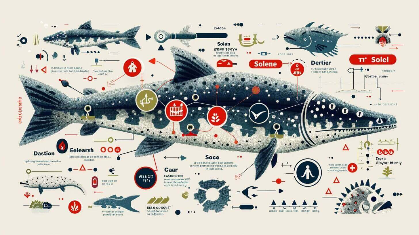 Illustrated infographic of a large fish resembling a dinosaur eel, complete with various diagrams, symbols, and text labels depicting different biological features and data points.