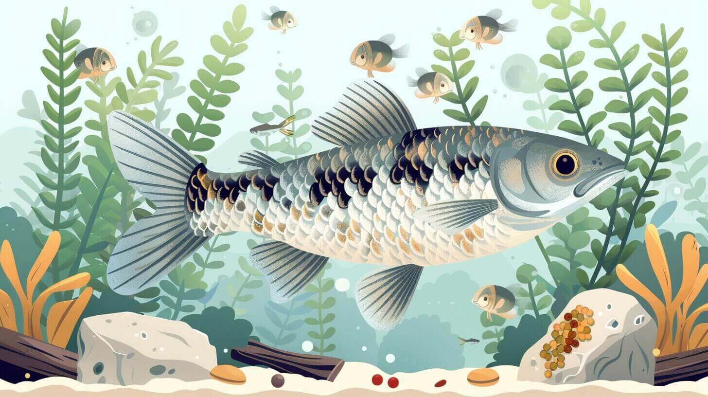 Illustration of a large fish swimming among plants and small fish in a freshwater environment with rocks and pebbles on the bottom, capturing the serene habitat where cory fish forage for food.