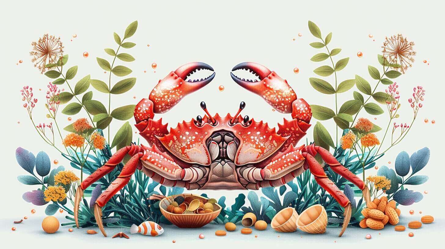 Illustration of a red-clawed crab surrounded by plants, shells, a bowl of nuts, and small decorative seashells and flowers, capturing the essence of its coastal habitat.