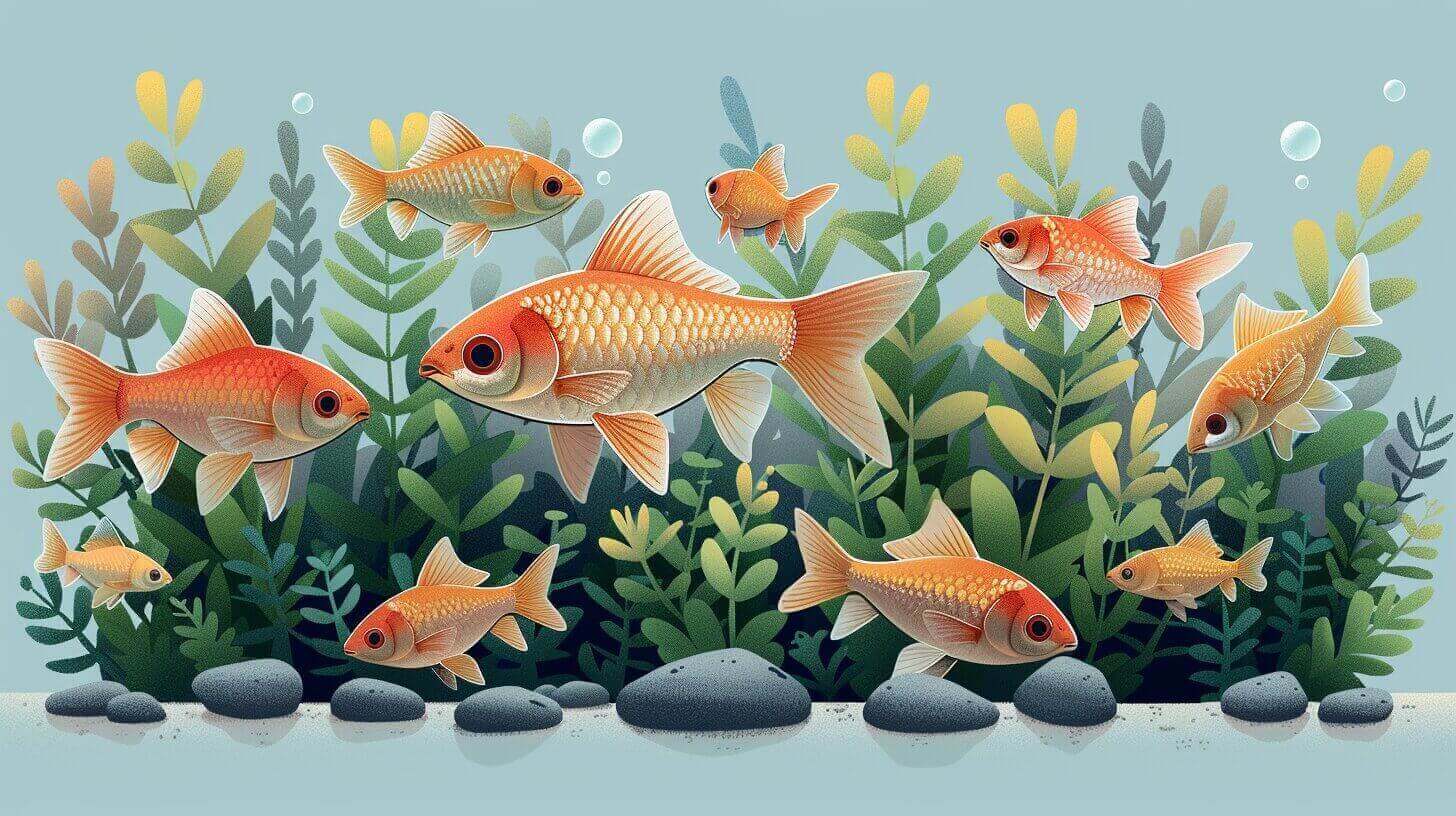 Illustration of eight cool orange fish swimming among green aquatic plants and rocks, perfect inspiration for a 20-gallon tank setup.