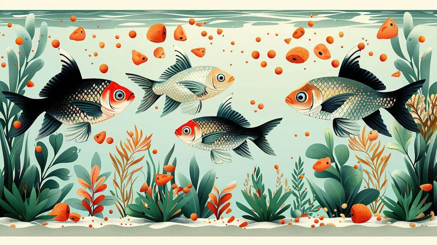 Illustration of four fish swimming happily among aquatic plants and orange pebbles in a spacious 75-gallon fish tank.