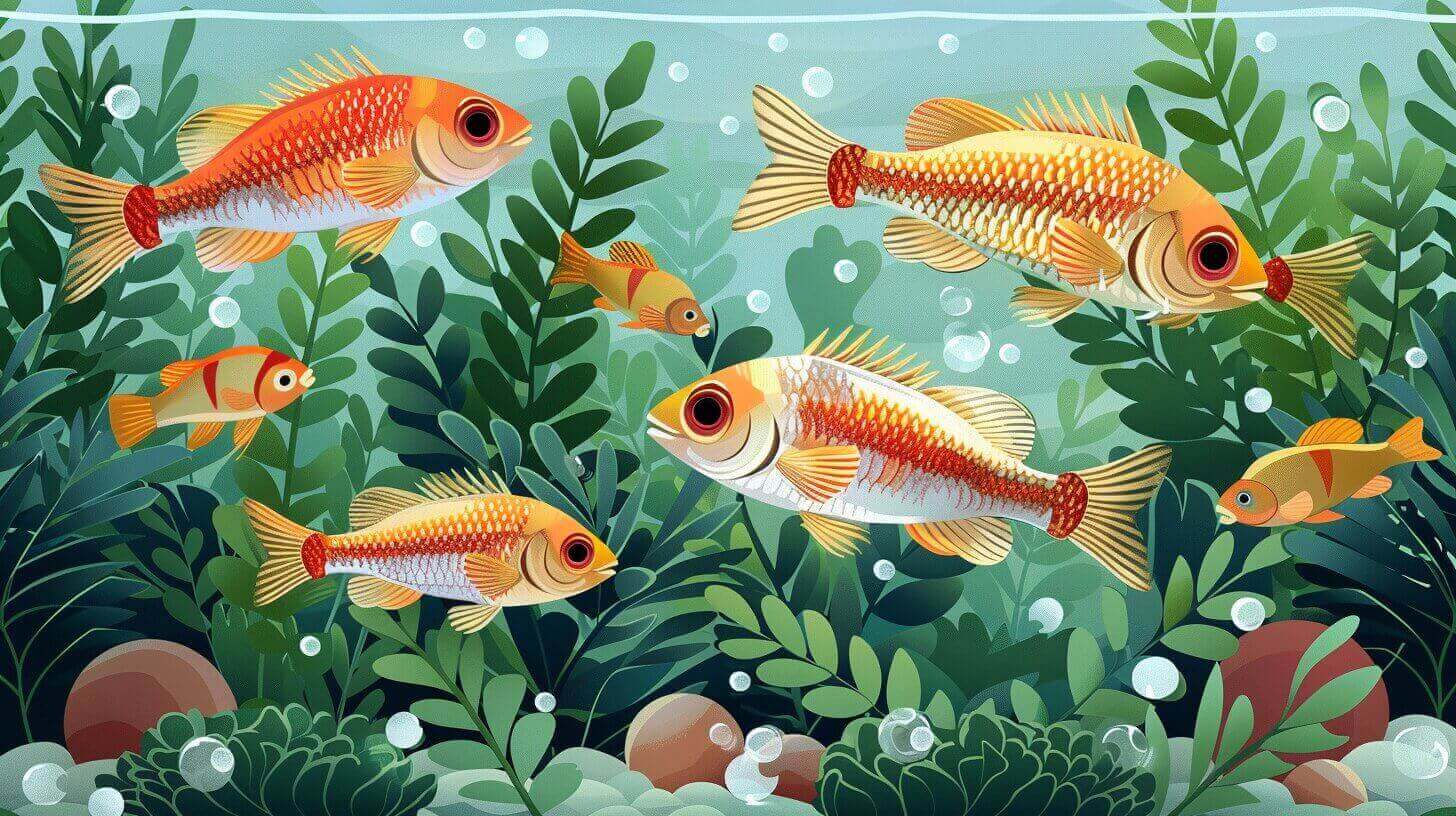 Illustration of six orange and yellow bottom-feeding aquarium fish swimming among green aquatic plants and bubbles in clear water.