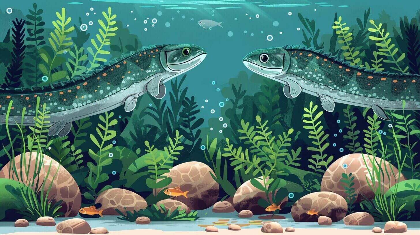 Illustration of two fish swimming among aquatic plants and rocks in a clear underwater scene, reminiscent of a prehistoric setting, while smaller fish dart in the background.