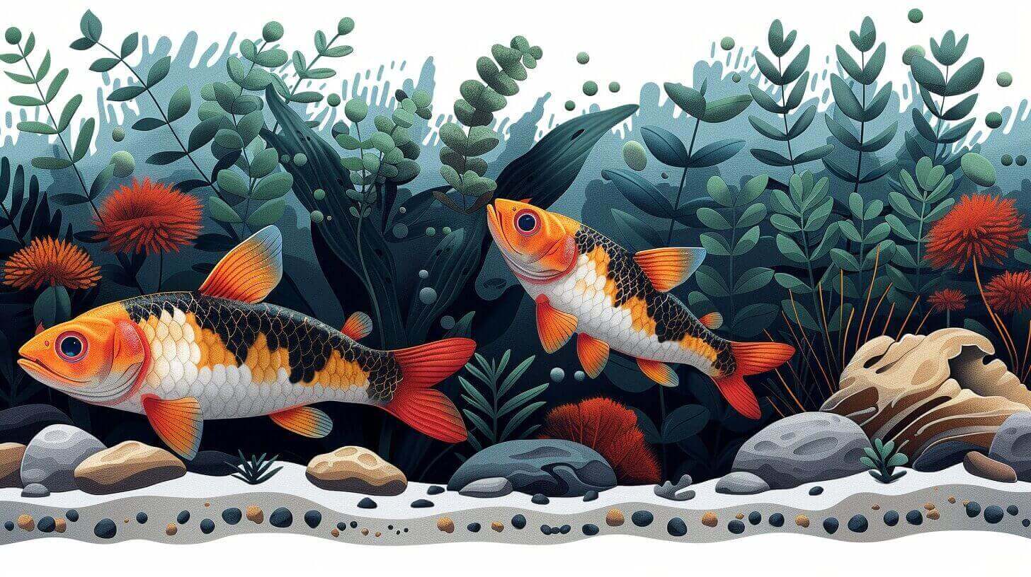 Illustration of two koi fish swimming among rocks and aquatic plants in a vibrant underwater scene, accompanied by some good bottom feeder fish gracefully moving along the substrate.