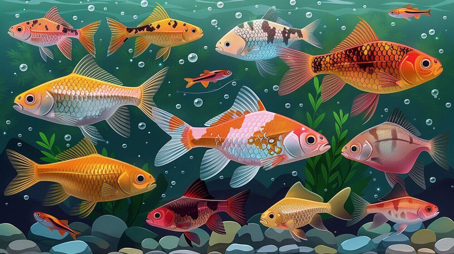 Illustration of various colorful fish swimming underwater in a 75-gallon fish tank, surrounded by green plants and pebbles.