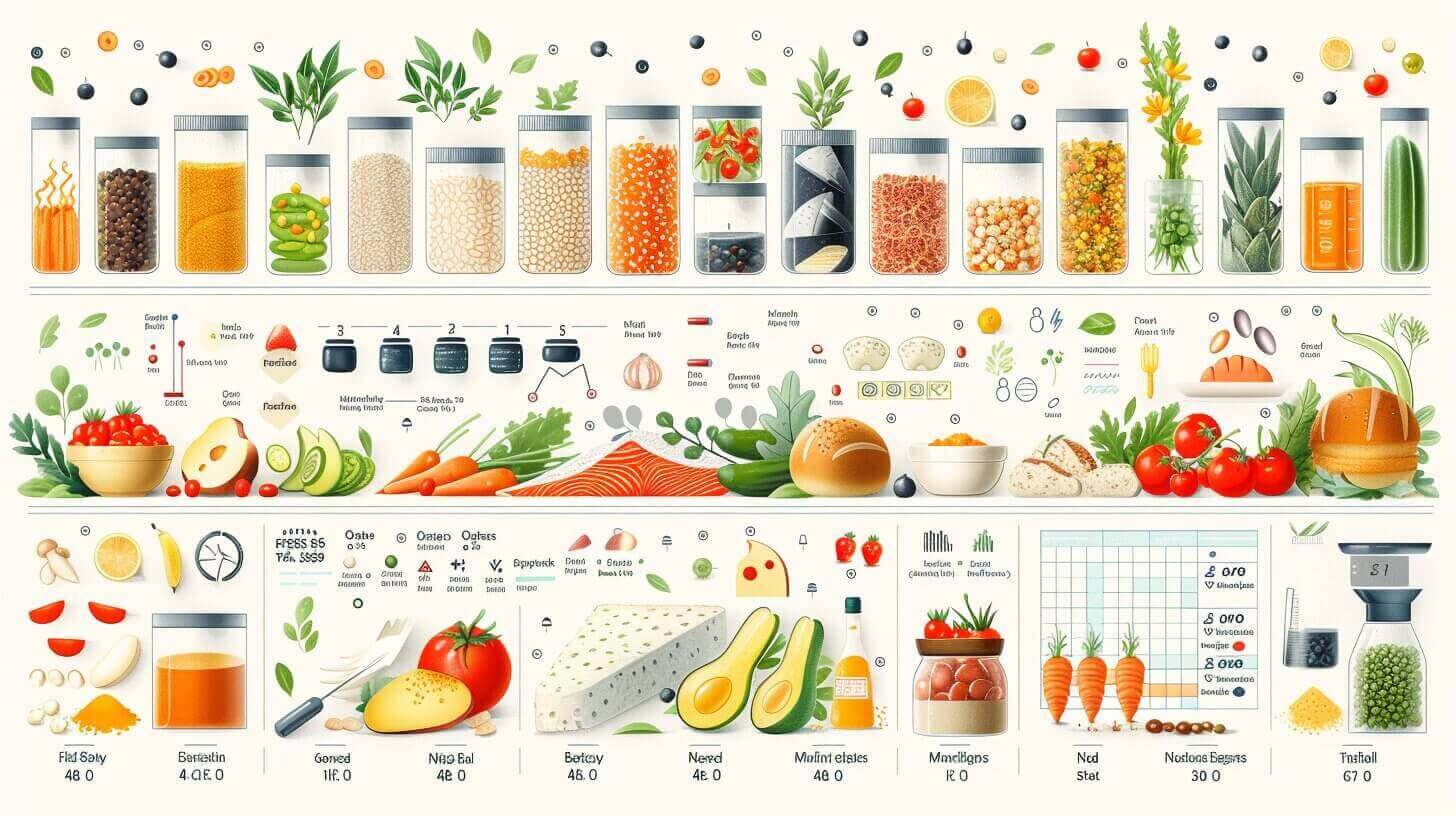 Illustration of various vegetables, spices, and grains in jars and dishes, labeled with weights and prices. Includes items like dinosaur eel fish, carrots, bread, and herbs alongside nutritional information.