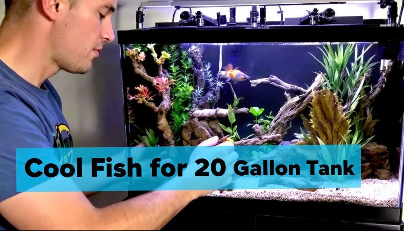 Man adjusting plants in a 20-gallon fish tank with colorful fish and a variety of aquatic plants.