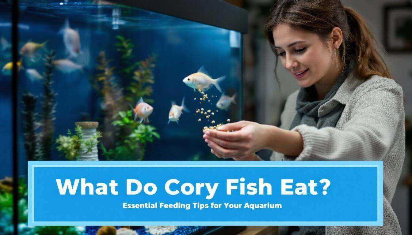 Person feeding fish in an aquarium with text: "What Do Cory Fish Eat? Essential Feeding Tips for Your Aquarium.