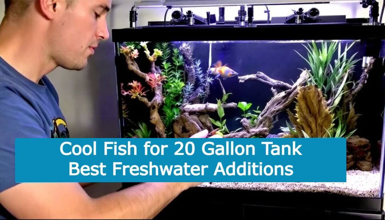 Setting up a vibrant 20-gallon aquarium with lush plants and lively fish. Text overlay reads, "Discover Cool Fish for 20 Gallon Tank - Best Freshwater Additions.