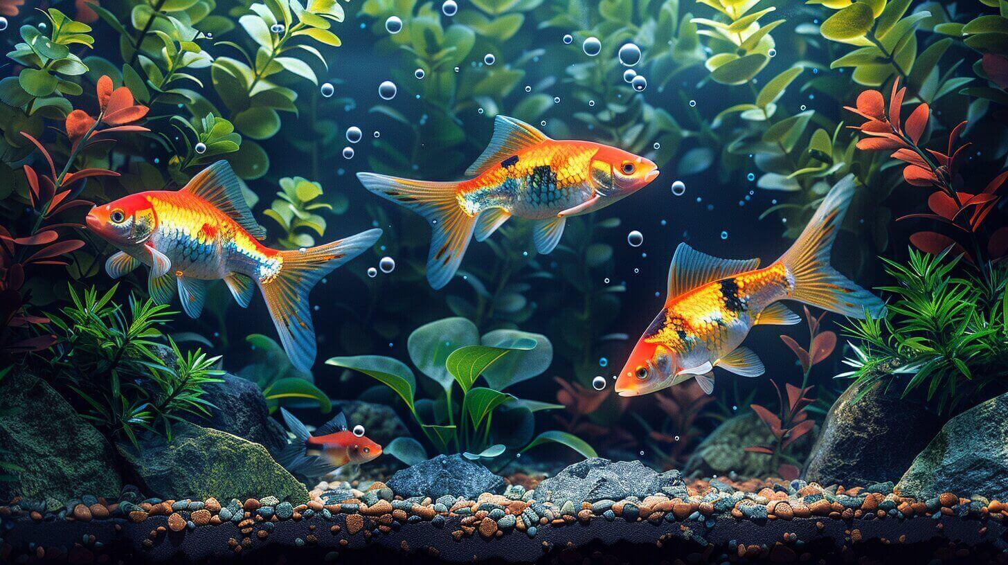 Three goldfish swimming in a planted aquarium, accompanied by good bottom feeder fish that keep the colorful plants and gravel substrate pristine.