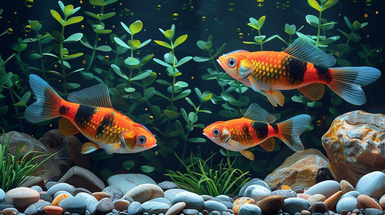 Three orange and black fish swim among green plants and smooth stones in a freshwater aquarium, sharing their home with some good bottom feeder fish.