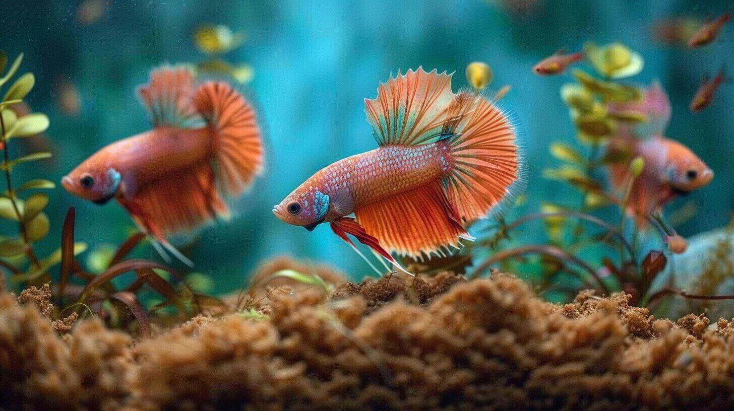 Three vibrant orange female betta fish swim gracefully among plants and small rocks in a peaceful community tank.