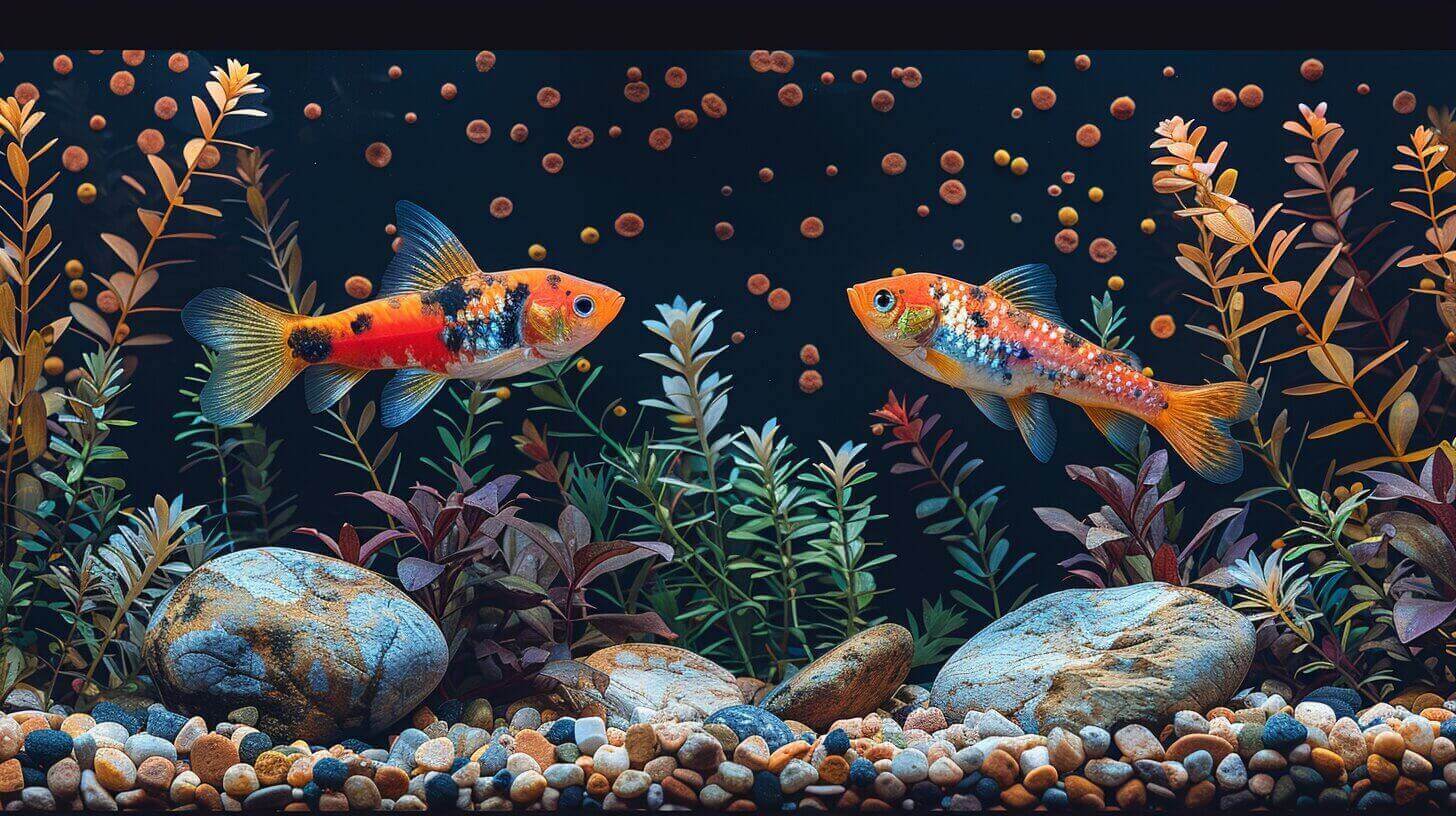 Two colorful fish glide gracefully in an aquarium adorned with pebbles and lush plants, while bubbles rise serenely through the water—a perfect community for some good bottom feeder fish.