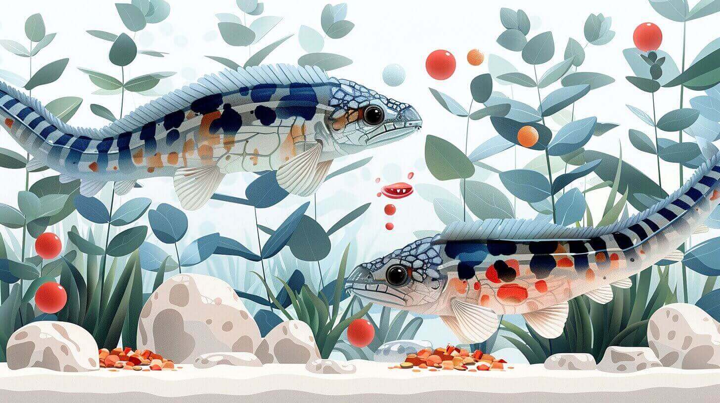 Two colorful, patterned fish gracefully swim among various aquatic plants and rocks, as crimson bubbles rise in the water like tiny jewels. Nearby, a dinosaur eel glides past, searching for its next delicious meal.