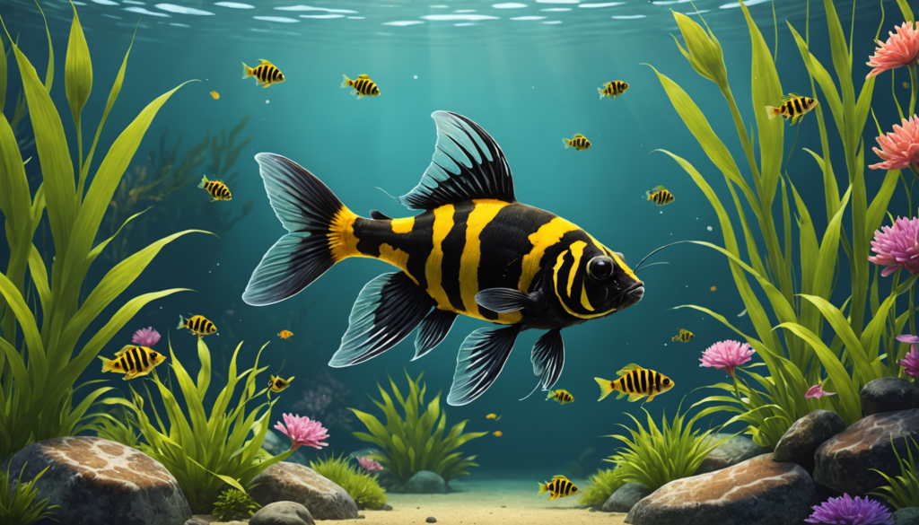 A black and yellow striped fish, reminiscent of the bumblebee catfish, swims underwater, surrounded by smaller fish, green plants, and pink coral in a sunlit aquatic scene. One might wonder: how big do bumblebee catfish get in such vibrant habitats?